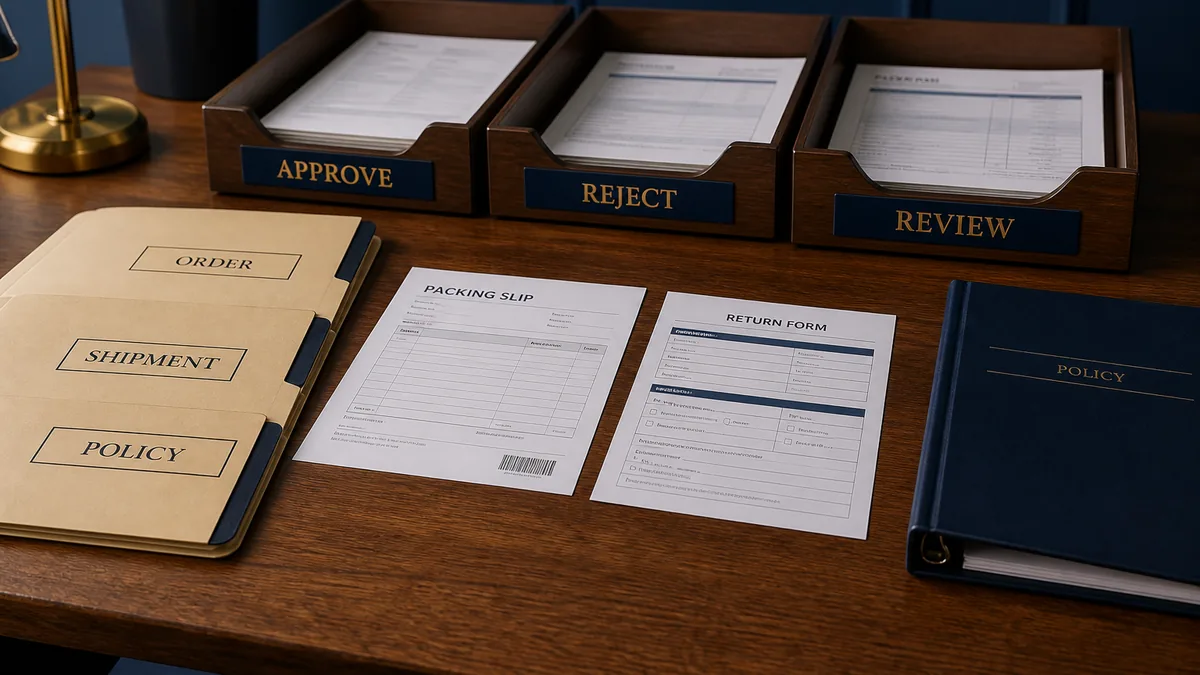 Refund investigation desk with order evidence and controlled decision paths Approve Reject Review