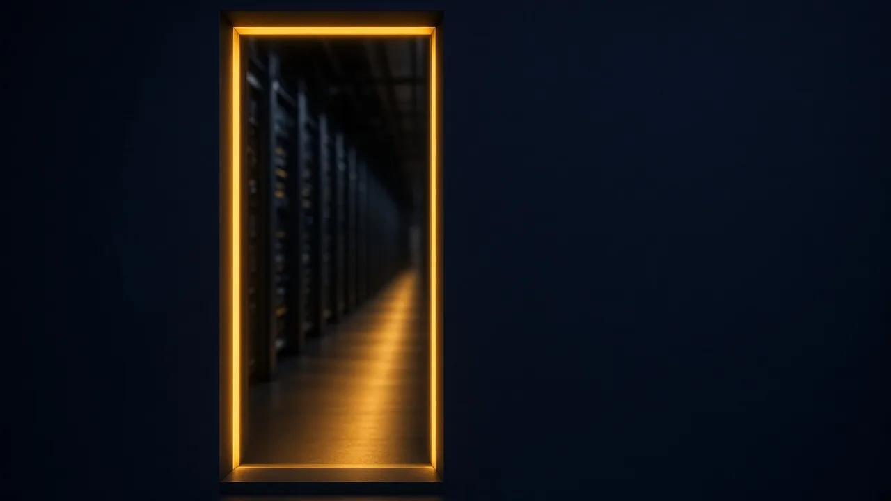 An amber-lit doorway in a navy wall opening onto a dim server-hall corridor.